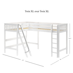White twin XL over twin XL L-shaped loft bed with built-in ladder and slide, 124 inches wide, 84 inches long, and 70.75 inches high.
