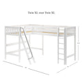 White wooden loft bunk bed twin XL over twin XL with ladder, guardrails and slatted mattress support, dimensions 124 in × 84 in × 70.75 in