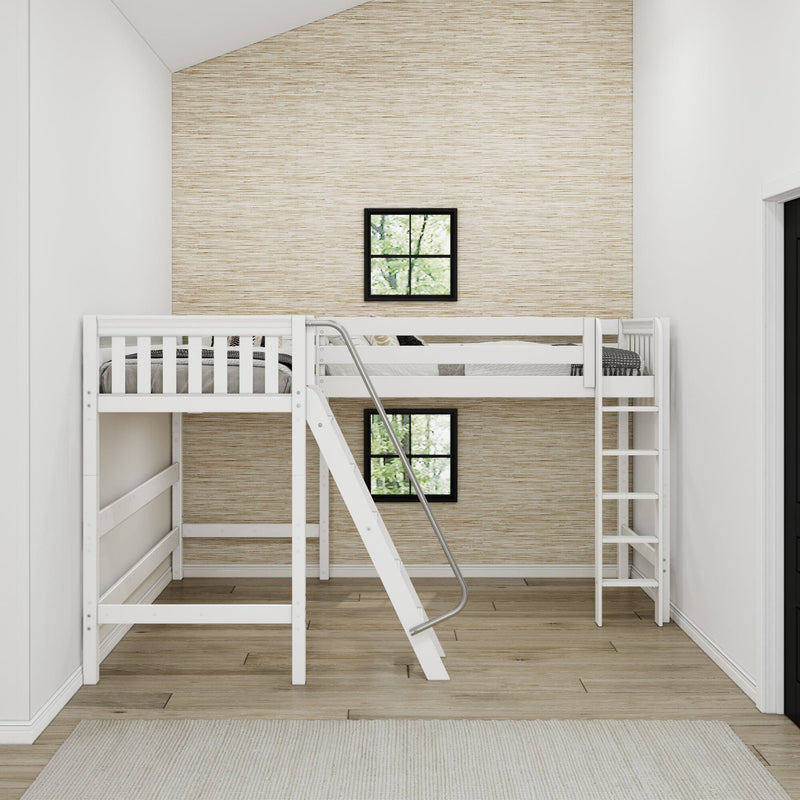 White wooden bunk bed with ladder in a modern neutral kids' bedroom with textured beige grasscloth wallpaper, black-framed windows and hardwood floor
