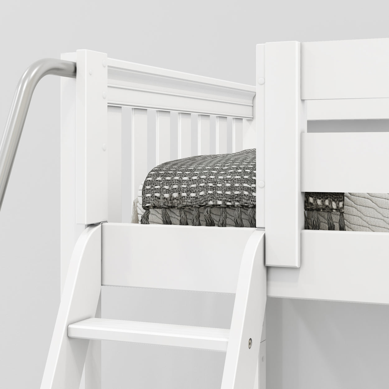 White wooden loft bed with gray patterned bedding and ladder.
