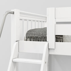 White wooden loft bed with gray patterned bedding and ladder.