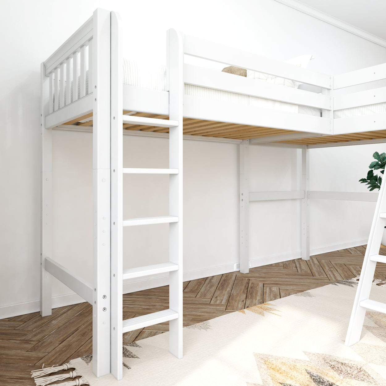 White wooden loft bed with ladder in minimalist bedroom setting.