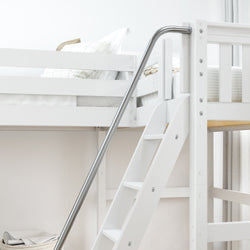 White bunk bed with safety rail and ladder in a modern bedroom setting.