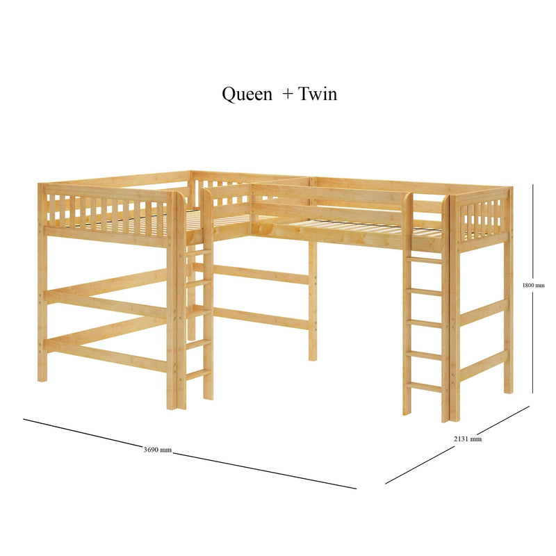Natural wood L-shaped loft bed in Queen + Twin configuration with guard rails and ladders, space-saving bunk design, footprint 3690 mm x 2131 mm