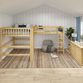 Natural wood twin bunk beds in a kids' neutral bedroom with vertical shiplap vaulted ceiling, blue accents, ladder, woven rug, dresser and potted plant
