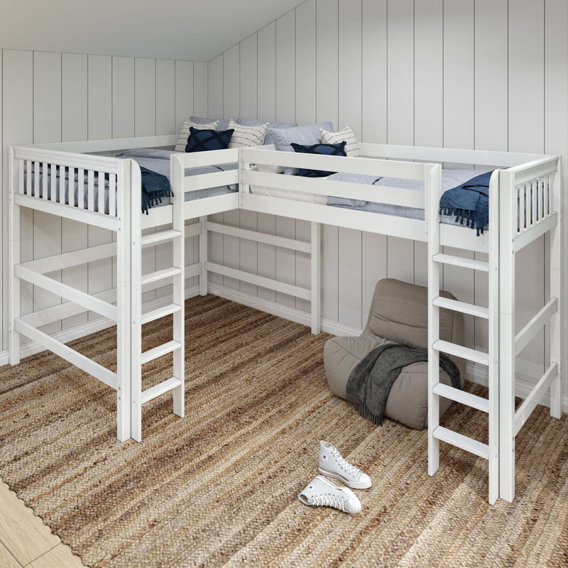 Space-saving white loft bunk beds with twin mattresses, ladders, blue and white pillows, shiplap walls and woven jute rug in a coastal-style kids' bedroom.