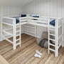 Space-saving white loft bunk beds with twin mattresses, ladders, blue and white pillows, shiplap walls and woven jute rug in a coastal-style kids' bedroom.