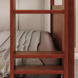 Wooden bunk bed ladder with gray blanket on lower bunk mattress.