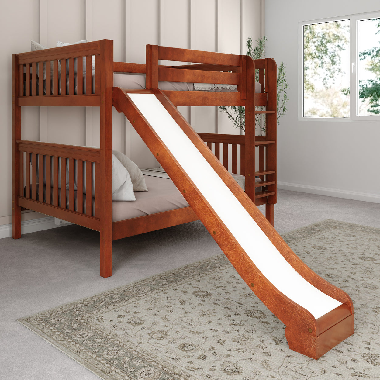 Wooden bunk bed with slide in a modern bedroom setting.