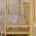 Wooden bunk bed ladder against a cozy bed with a soft beige blanket in a modern bedroom setting.
