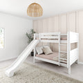 White wooden bunk bed with slide in modern kids' bedroom featuring beige accents and natural light.