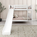 White bunk bed with slide and ladder in stylish modern bedroom design.