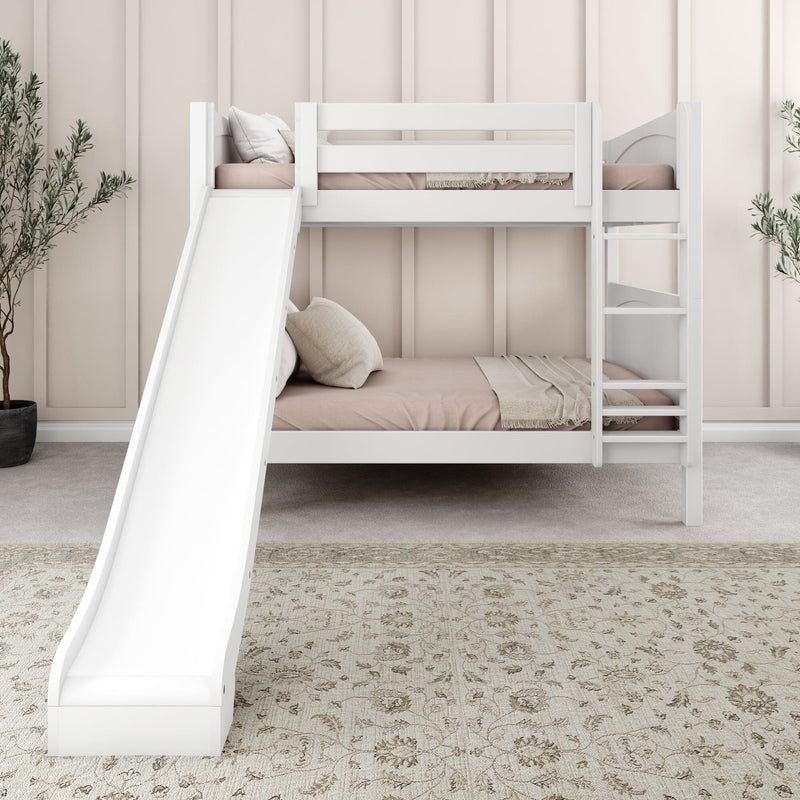 White bunk bed with slide and ladder in stylish modern bedroom design.