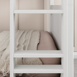 Modern white bunk bed ladder next to cozy beige bedding in a minimalist bedroom setup.