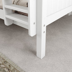 White bunk bed ladder and frame on light carpeted floor.