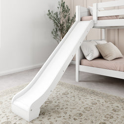 White bunk bed with slide and neutral bedding in modern bedroom.