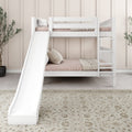 White children's bunk bed with slide in a cozy bedroom setting.
