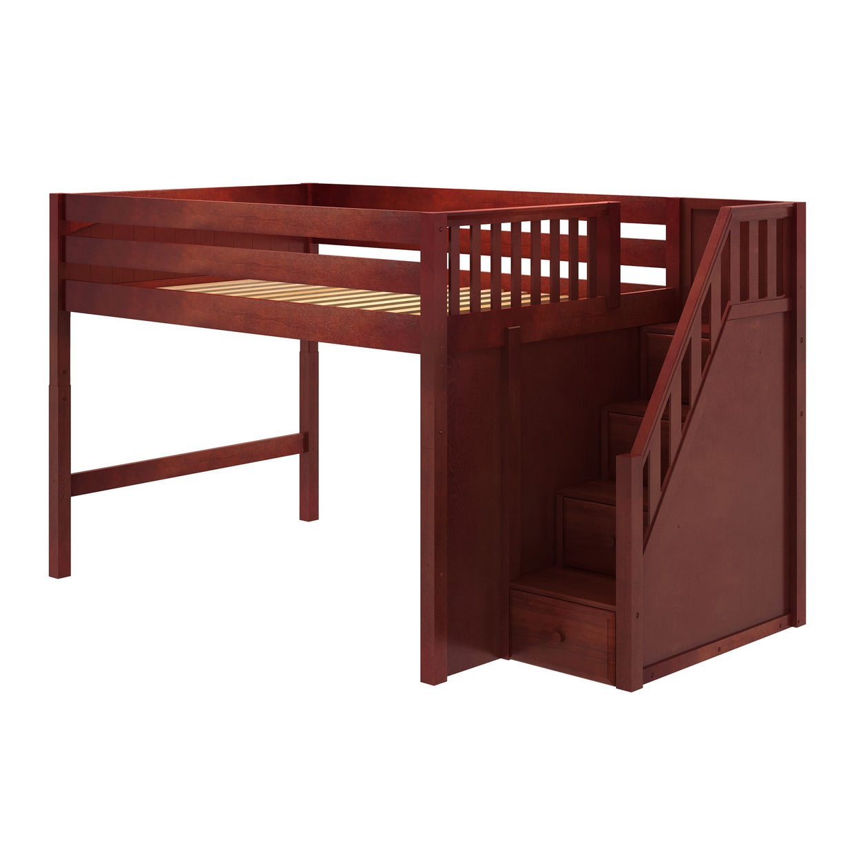 Wooden loft bed with built-in staircase and railing, perfect for maximizing space in children's bedrooms.