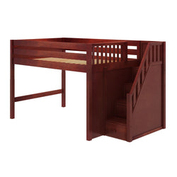 Wooden loft bed with built-in staircase and railing, perfect for maximizing space in children's bedrooms.