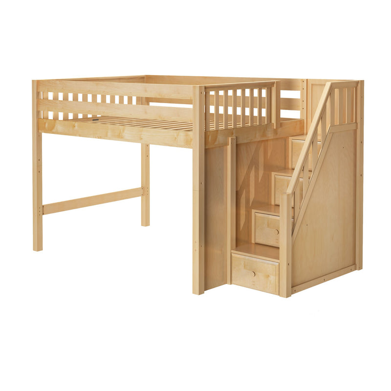 Natural maple wood loft bed with built-in staircase and storage drawers, slatted platform and safety rails — space-saving kids' bedroom solution
