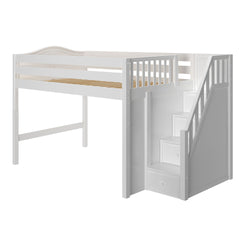 White wooden loft bed with built-in staircase and storage drawers for children’s bedroom.