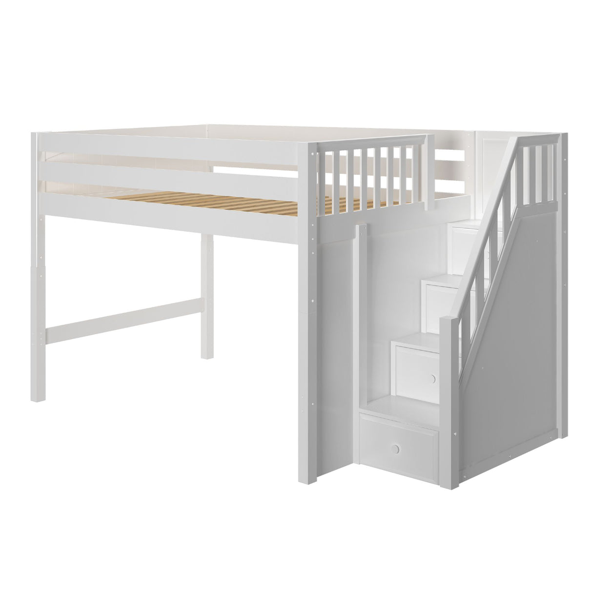 White wooden loft bed with staircase and storage drawers, ideal for maximizing space in children's bedrooms.