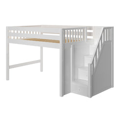 White wooden loft bed with staircase and storage drawers for kids.