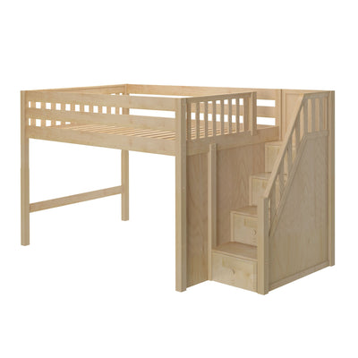 Wooden loft bed with stairs and storage drawers, ideal for maximizing space in children's bedrooms.