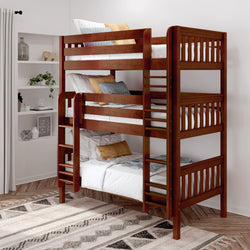 Wooden triple bunk bed with ladder in modern bedroom setting.