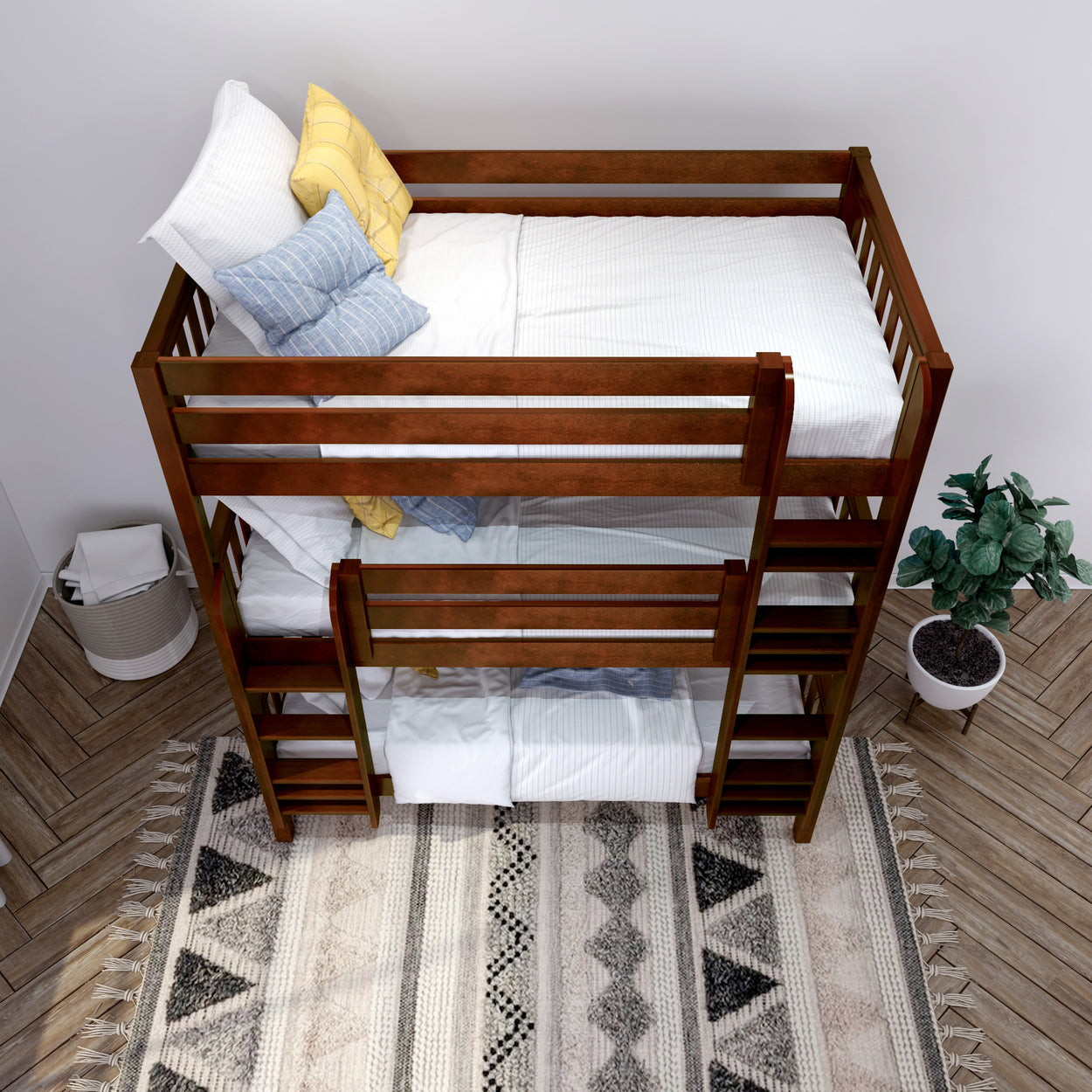 Wooden bunk bed with white bedding and pillows, featuring a stylish room decor with a patterned rug and indoor plant.