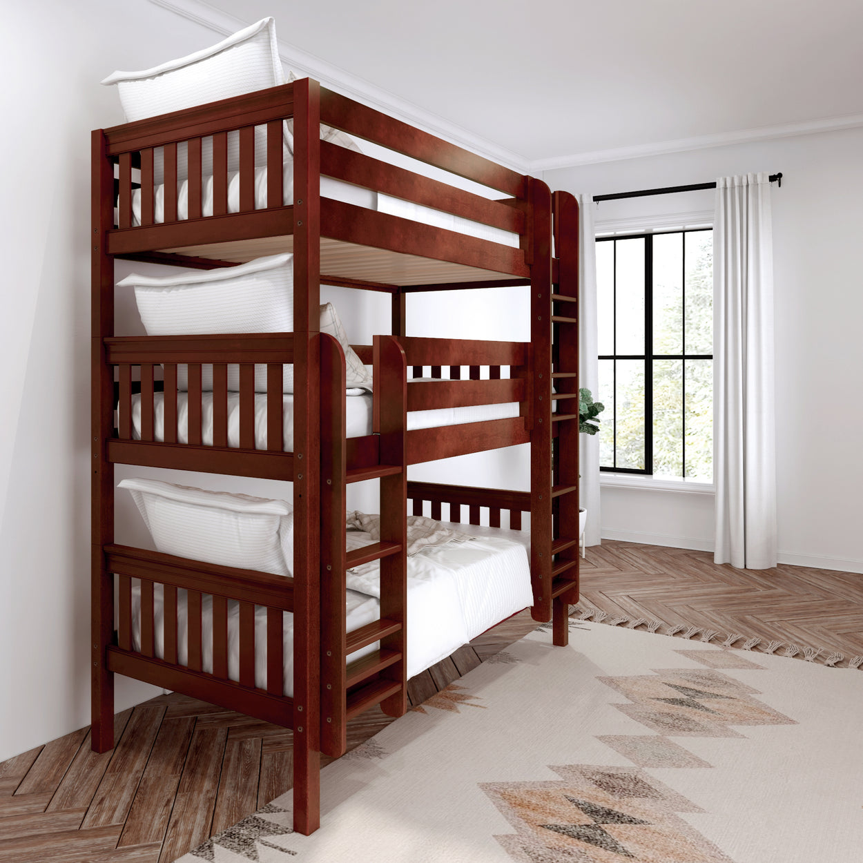 Triple wooden bunk bed in modern bedroom with natural light and patterned rug.