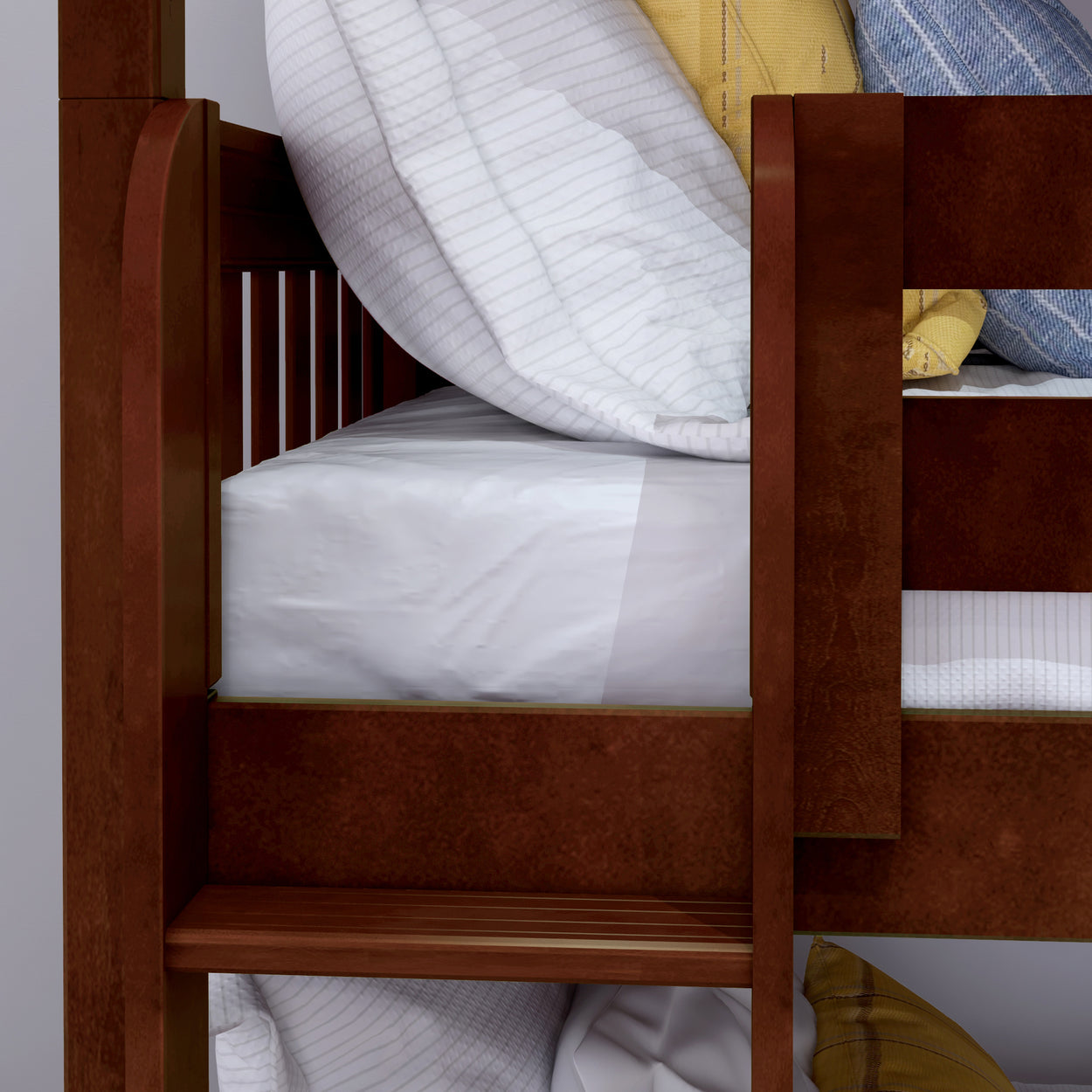 Bunk bed with wooden frame and comfortable bedding.