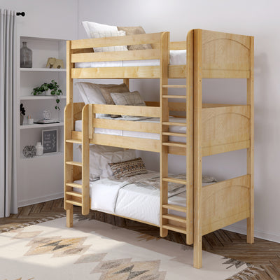 Triple bunk bed in a modern bedroom with white and natural wood decor.