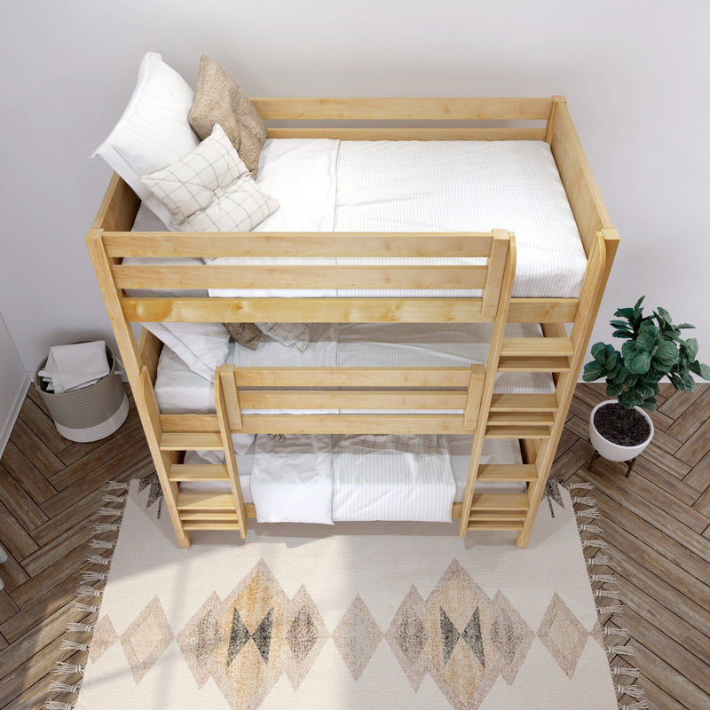 Top-down view of a light wood bunk bed with white bedding, beige textured pillows, ladder and potted plant in a cozy minimalist kids' bedroom