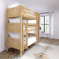 Natural wood bunk bed in bright modern kids' bedroom with white bedding, ladder, large window, sheer curtains and geometric rug