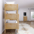 Light wood bunk bed with white bedding in a modern minimalist kids' bedroom with natural wood dresser, white curtains, herringbone hardwood floor and geometric area rug