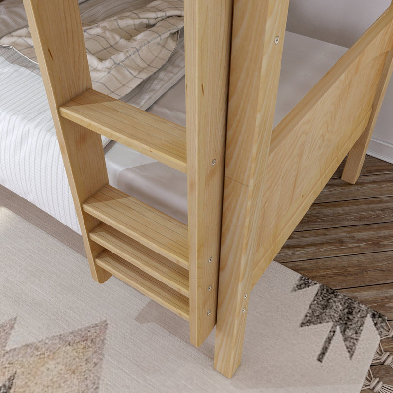 Close-up of natural pine wooden bunk bed ladder with slatted steps next to beige plaid bedding on hardwood floor, modern kids bedroom furniture detail