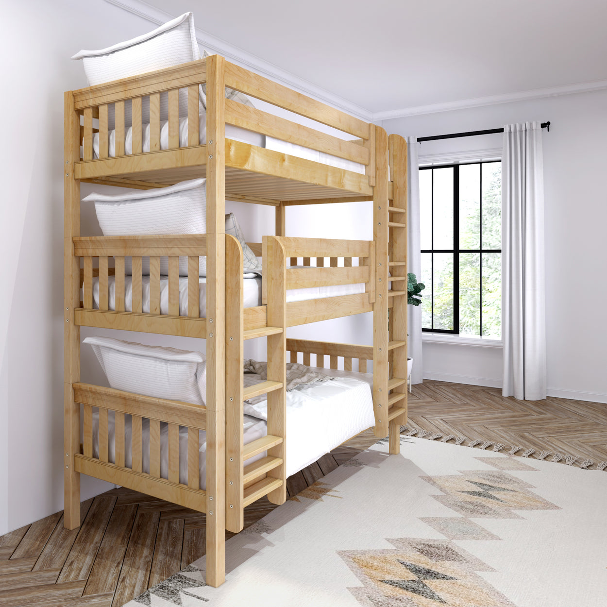 Triple bunk bed in modern white bedroom with wooden floor and large window.