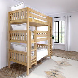 Triple bunk bed in modern white bedroom with wooden floor and large window.