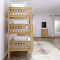 Natural wood bunk beds with white bedding and pillows in a bright modern kids bedroom with herringbone hardwood floors, neutral curtains, and a wooden dresser