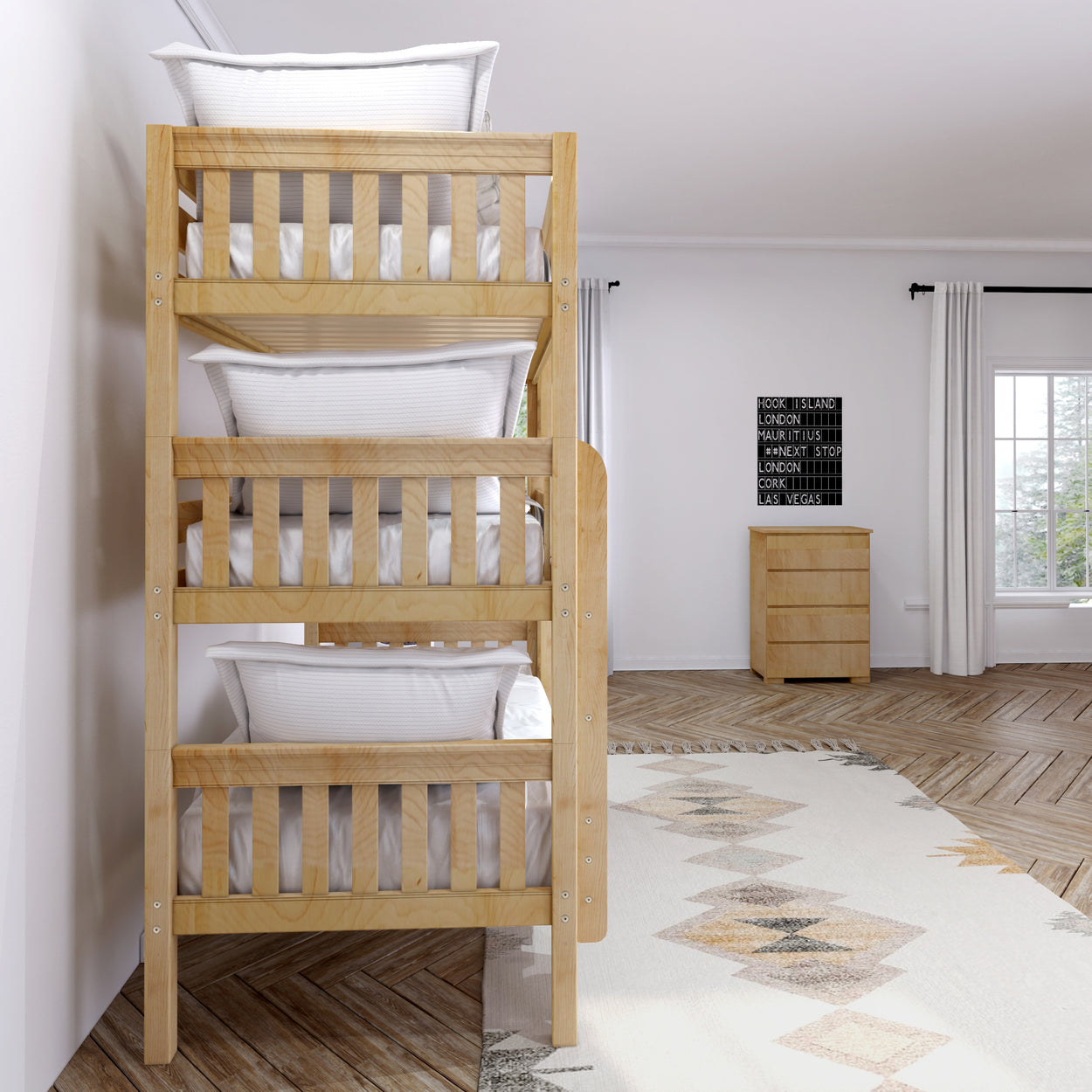 Three-tier wooden bunk bed in modern bedroom with geometric patterned rug and natural wood flooring.