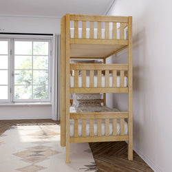 Wooden twin bunk bed in a bright bedroom with large window, natural light highlighting the minimalist design.