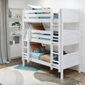 White wooden triple bunk bed with ladder and teal-and-orange bedding in a modern kids' bedroom with shelves, plant and rug