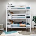 Space-saving three-tier white wooden bunk bed with teal and orange bedding, pillows and ladder in a modern children's bedroom with patterned rug and potted plant