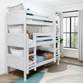 White wooden bunk bed with ladder and teal bedding in a sunlit kids' bedroom with hardwood floors, area rug, and large black-framed window