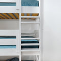 White wooden bunk bed with ladder and teal-blue bedding in a modern children's bedroom, space-saving loft-style design