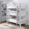 White wooden three-tier bunk bed with ladder and neutral bedding in modern kids' bedroom