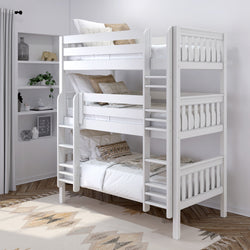 Modern white triple bunk bed in a stylish children's bedroom with cozy bedding and decorative pillows.