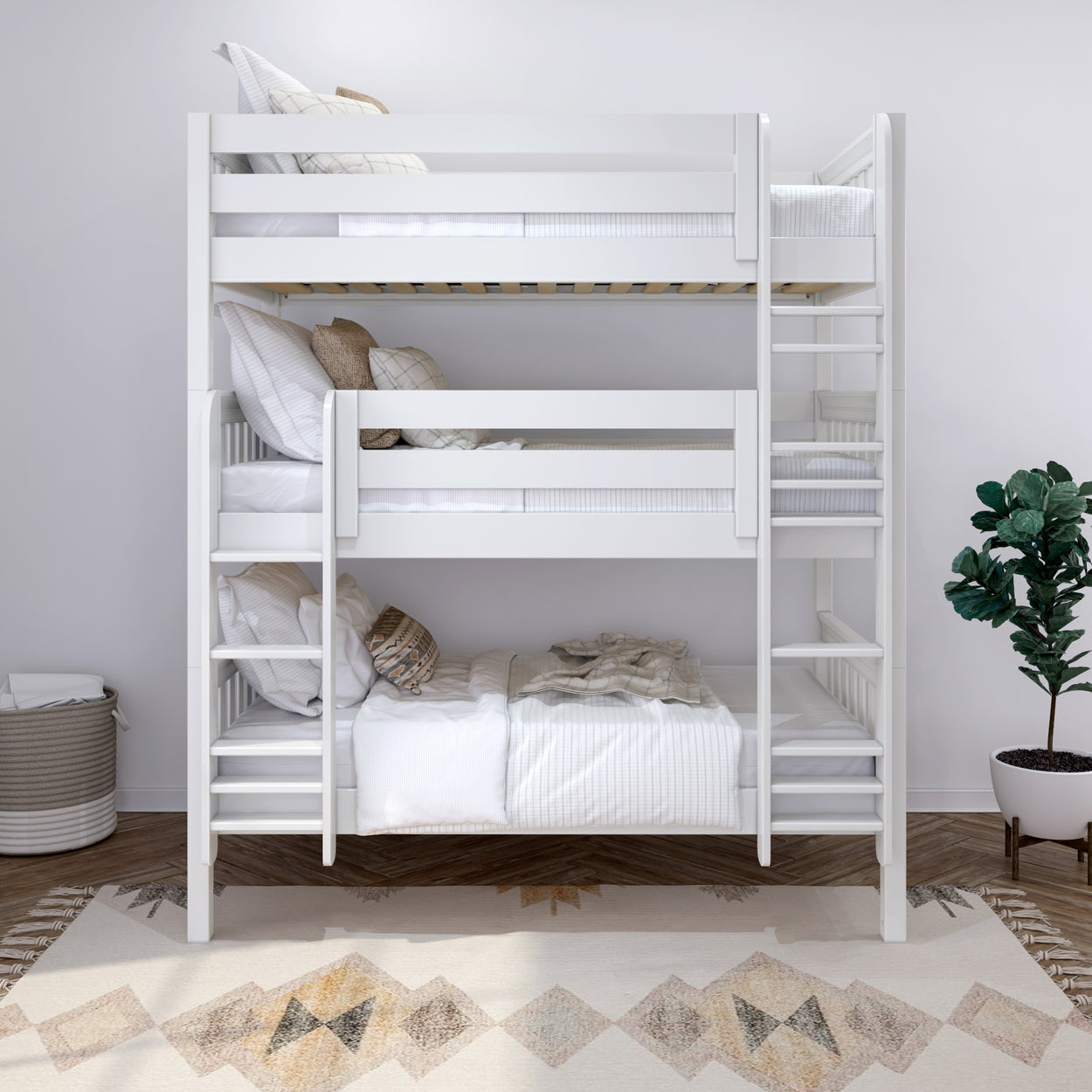Stylish white triple bunk bed with cozy bedding in modern bedroom interior.