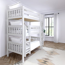 Triple bunk bed in modern white bedroom with large window and geometric rug.